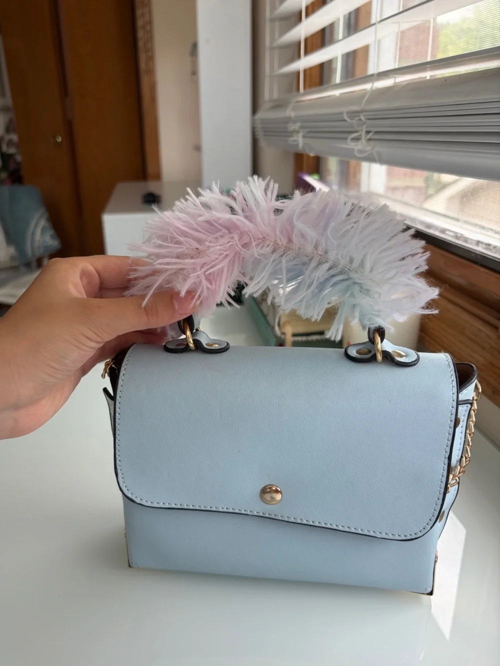 Pastel Blue Crossbody Bag with Multicolor Feather Handle